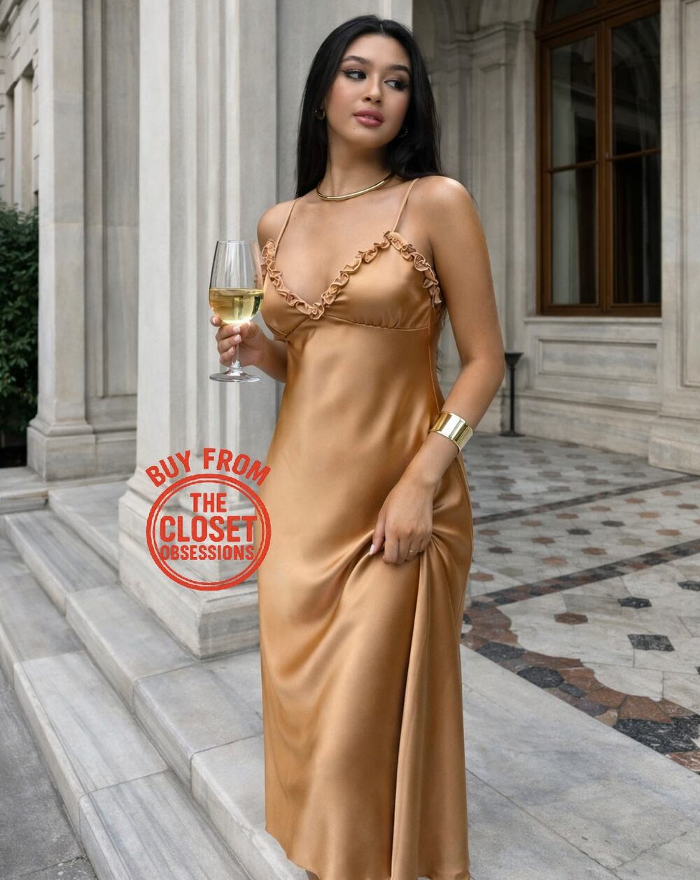Zara NWT Gold Satin Ruffle Trim Slip Midi Dress S L XL